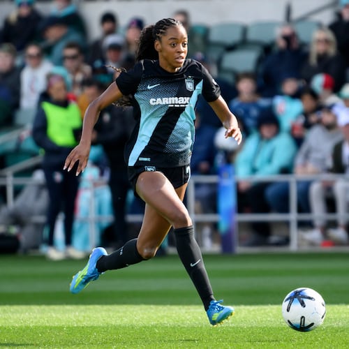 FILE- Gotham FC forward Jordynn Dudley brings the ball upfield against the Kansas City Current during an NWSL soccer match, April 4, 2026, in Kansas City, Mo. (AP Photo/Reed Hoffmann, File)