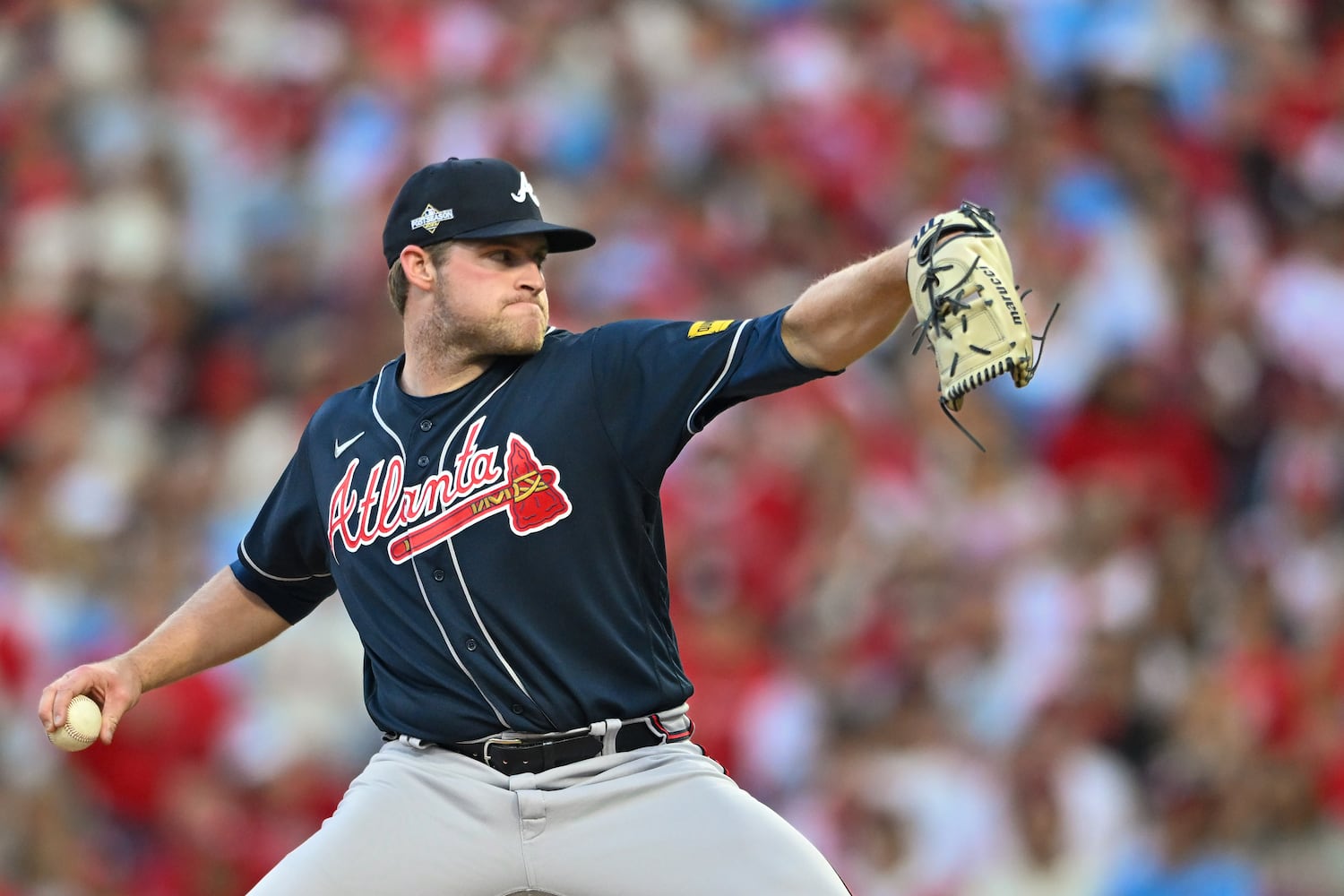 Atlanta Braves starting pitcher Bryce Elder (55) delivers to the Philadelphia Phillies during the first inning of NLDS Game 3 in Philadelphia on Wednesday, Oct. 11, 2023.   (Hyosub Shin / Hyosub.Shin@ajc.com)