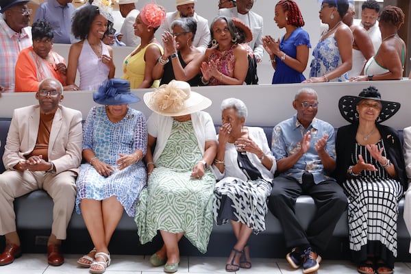 The Thornton family prepares to take a group photo during their annual reunion held in Atlanta on Saturday, June 28, 2025. (Natrice Miller/ AJC)