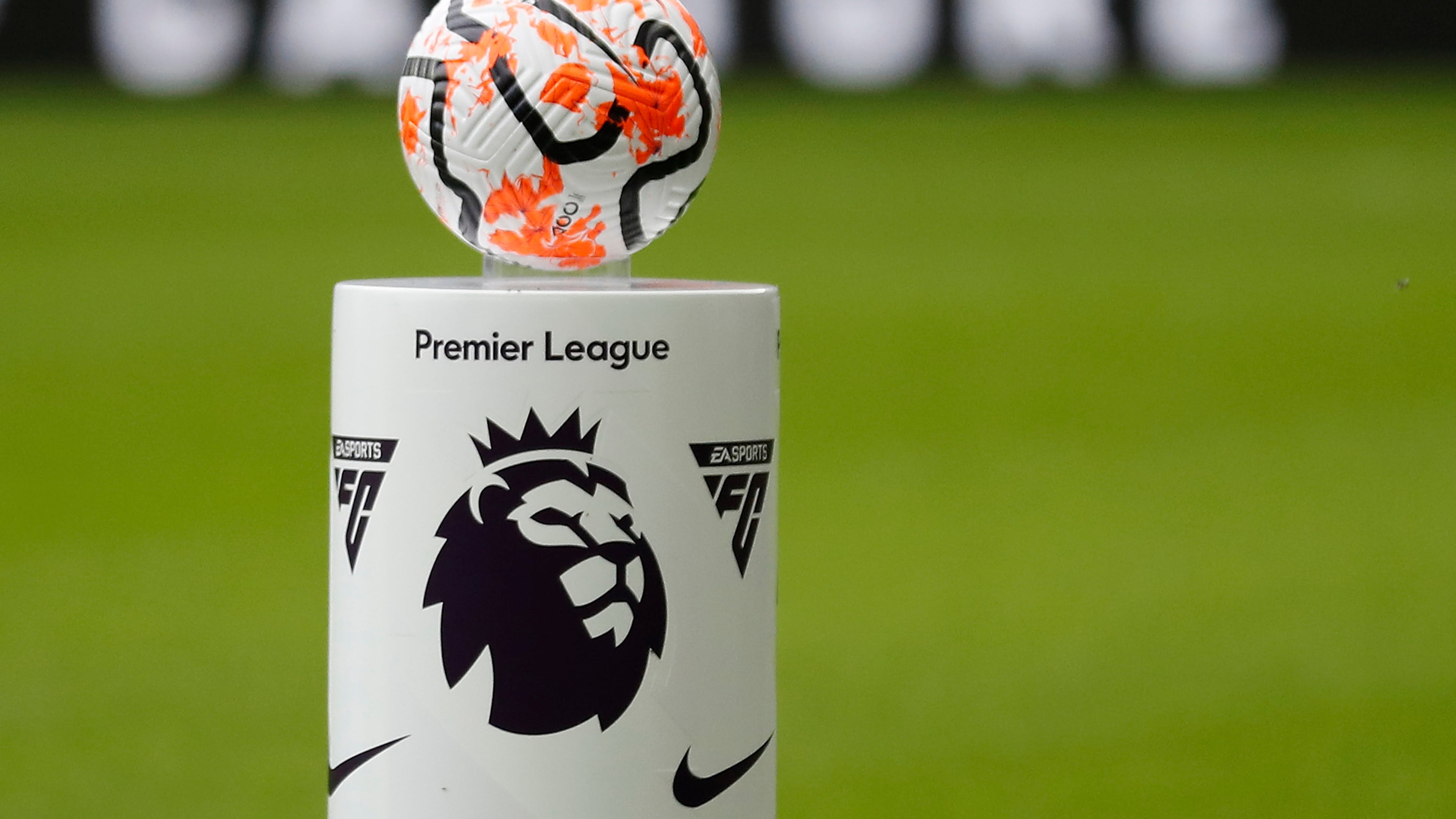 FILE - The match ball is set on a pedestal with the logo of the English Premier League before the soccer match between Newcastle and Aston Villa, in Newcastle, England, on Aug. 12, 2023. (AP Photo/Steve Luciano, File)