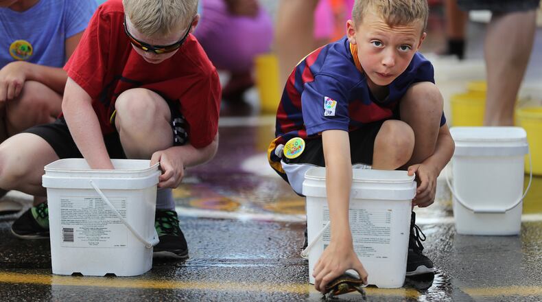 Racers pull turtles from their water buckets and take their places on the starting circle during turtle racing on July 6, 2016, in Nisswa, Minn., where it’s been a summer tradition for 53 years. (Richard Tsong-Taatarii/Minneapolis Star Tribune/TNS)