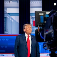 Former President Donald Trump participates in a Fox News Town Hall in Des Moines, Iowa, Jan. 10, 2024. (Haiyun Jiang/The New York Times)