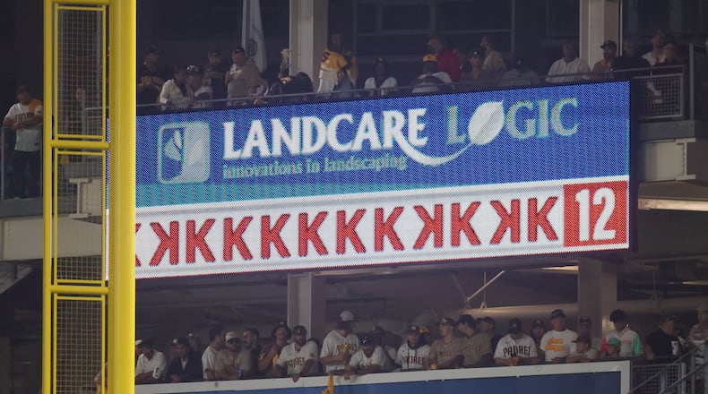 San Diego Padres pitcher Michael King (34) is recognized after 12 strikeouts through the seventh inning of National League Division Series Wild Card Game One at Petco Park in San Diego on Tuesday, Oct. 1, 2024.   (Jason Getz / Jason.Getz@ajc.com)