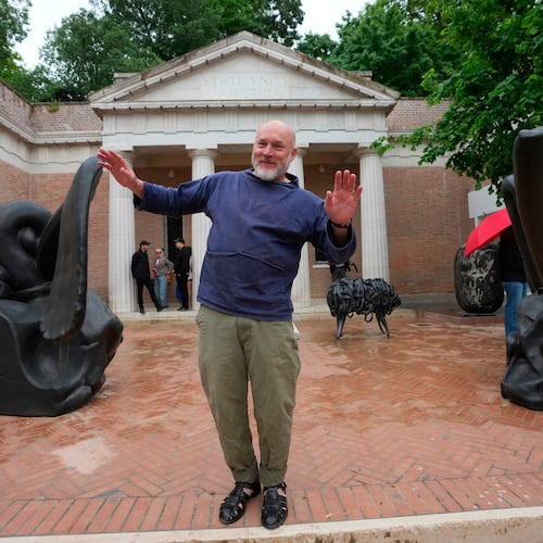 Artist Alma Allen poses outside the United States pavilion 'Call Me the Breeze' at the Venice 2026 Biennale Art, in Venice, Italy, Tuesday, May 5, 2026. (AP Photo/Luca Bruno)