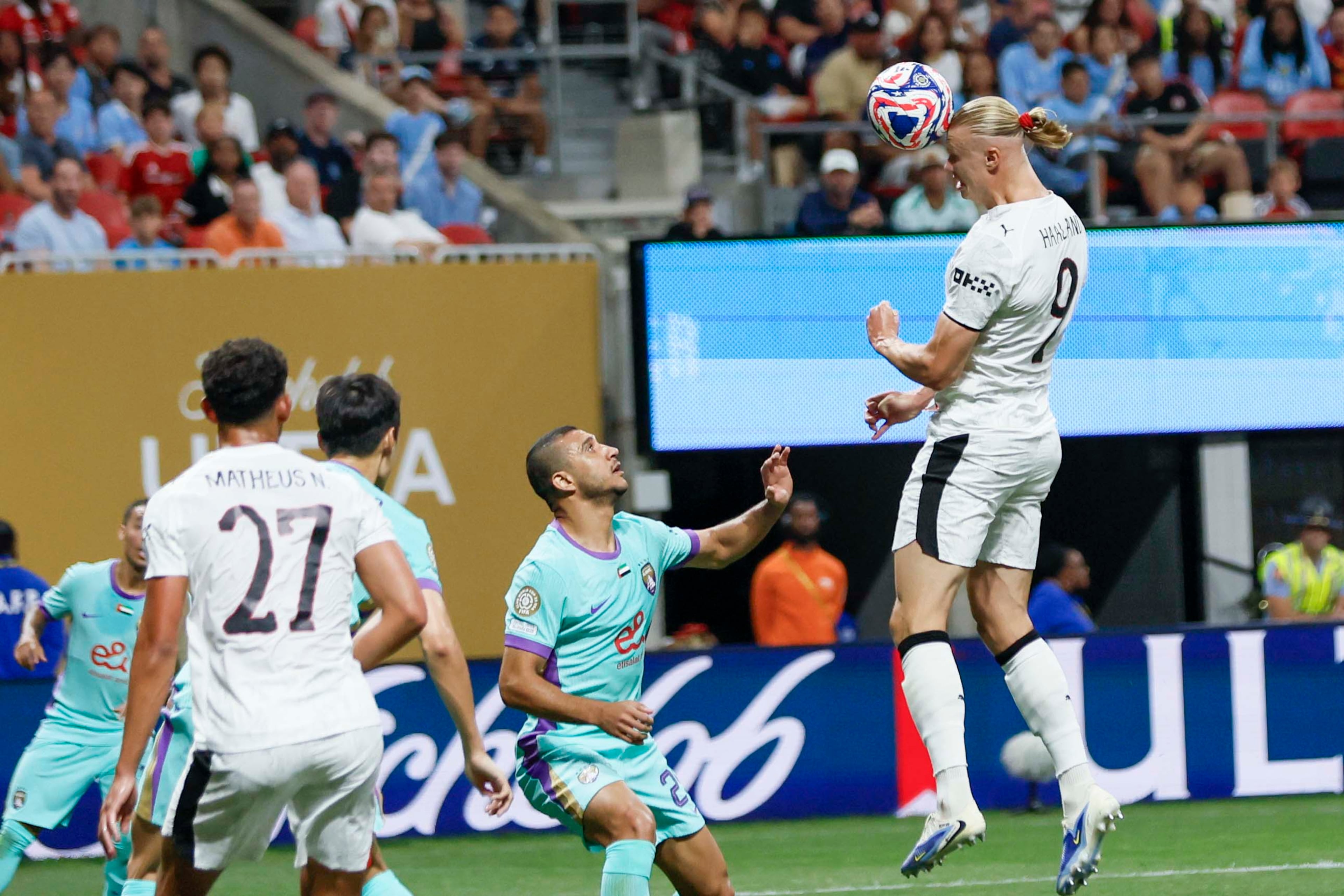 Manchester City's forward Erling Haaland (9) goes up for a header during the Club World Cup group G soccer match between Manchester City and Al Ain at Mercedes-Benz Stadium on Sunday, June 22, 2025.
(Miguel Martinez/ AJC)