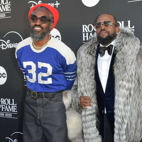 André 3000 (left) and Big Boi of Outkast arrive at the 2025 Rock and Roll Hall of Fame Induction Ceremony on Saturday, Nov. 8, 2025, at L.A. Live in Los Angeles. (Richard Shotwell/Invision/AP)