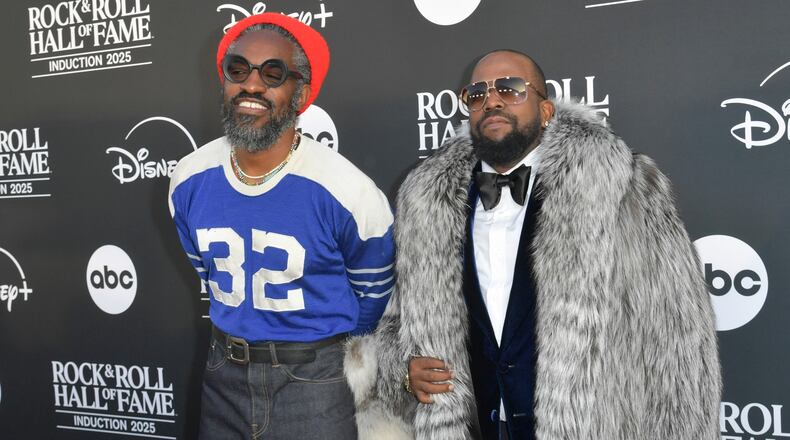 André 3000 (left) and Big Boi of Outkast arrive at the 2025 Rock and Roll Hall of Fame Induction Ceremony on Saturday, Nov. 8, 2025, at L.A. Live in Los Angeles. (Richard Shotwell/Invision/AP)