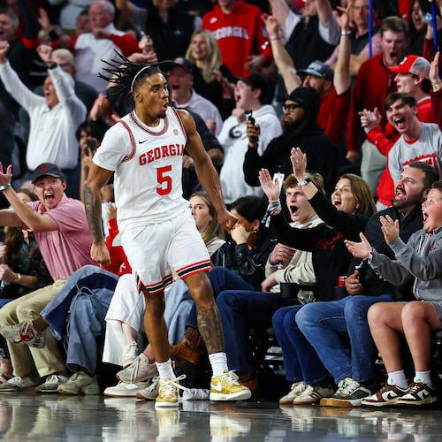 Georgia guard Jeremiah Wilkinson (5) reacts during the second half of an NCAA college basketball game against Auburn, Saturday, Jan. 3, 2026, in Athens, Ga. (AP Photo/Colin Hubbard)