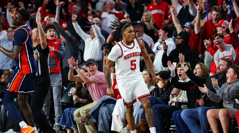 Georgia guard Jeremiah Wilkinson (5) reacts during the second half of an NCAA college basketball game against Auburn, Saturday, Jan. 3, 2026, in Athens, Ga. (AP Photo/Colin Hubbard)