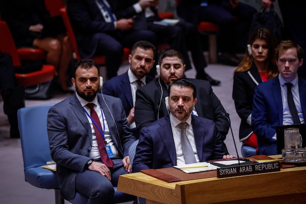 Syria's Foreign Minister Asaad Al-Shibani attends a Security Council meeting at United Nations Headquarters on Friday, April 25, 2025. (AP Photo/Kena Betancur)