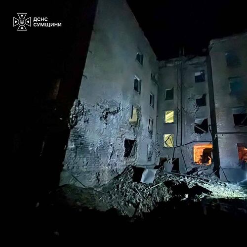 In this photo provided by the Ukrainian Emergency Service, a residential building is damaged following a Russian air attack in Sumy, Ukraine, Thursday, Aug. 6, 2026. (Ukrainian Emergency Service via AP)
