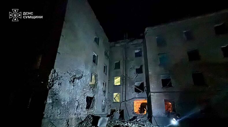 In this photo provided by the Ukrainian Emergency Service, a residential building is damaged following a Russian air attack in Sumy, Ukraine, Thursday, Aug. 6, 2026. (Ukrainian Emergency Service via AP)