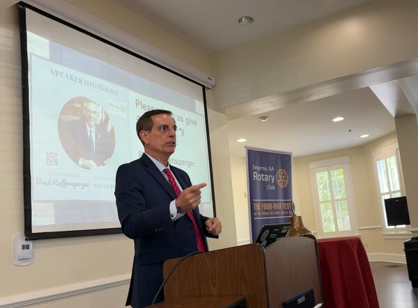 Secretary of State Brad Raffensperger speaks to the Smyrna Rotary on Tuesday. (Greg Bluestein/AJC)