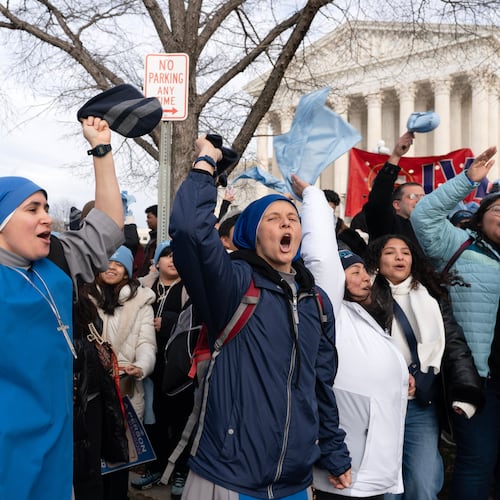 FILE - Anti-abortion activists rally outside of the U.S. Supreme Court during the March for Life in Washington, Friday, Jan. 23, 2026. (AP Photo/Jose Luis Magana, File)