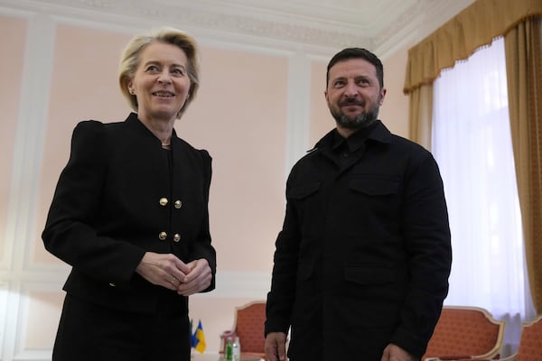 European Commission President Ursula von der Leyen, left, speaks with Ukraine's President Ukraine Volodymyr Zelenskyy prior to a bilateral meeting in Rome, Italy, Saturday April 26, 2025. (AP Photo/Andrew Medichini, Pool)