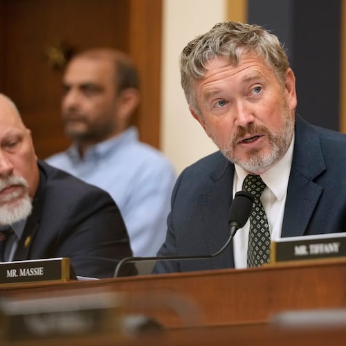 FILE - Rep. Thomas Massie, R-Ky., speaks as FBI Director Kash Patel appears before the House Judiciary Committee, on Capitol Hill in Washington, Sept. 17, 2025. (AP Photo/Mark Schiefelbein, File)
