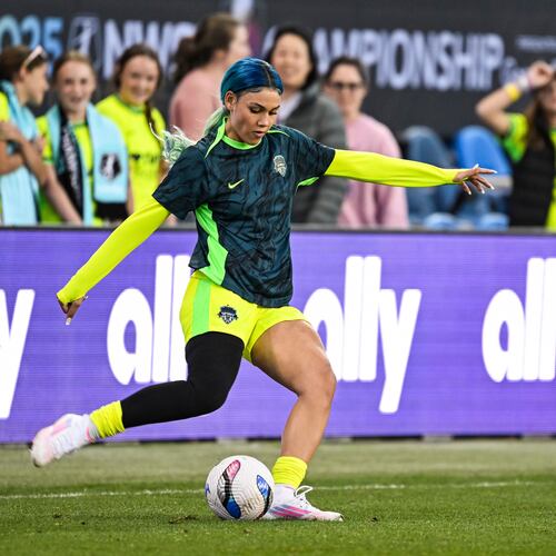 FILE - Washington Spirit forward Trinity Rodman (2) warms up before the NWSL women's championship soccer match against NJ/NY Gotham FC, Nov. 22, 2025, in San Jose, Calif. (AP Photo/Justine Willard, File)