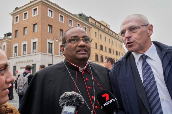 Cardinal Anthony Poola, from India, arrives for a college of cardinals' meeting, at the Vatican, Monday, April 28, 2025. (AP Photo/Gregorio Borgia)