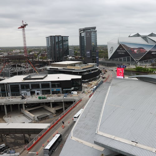 Mercedes-Benz Stadium is seen from The Center, formerly CNN Center, in Atlanta on March 30, 2026. (Arvin Temkar/AJC)
