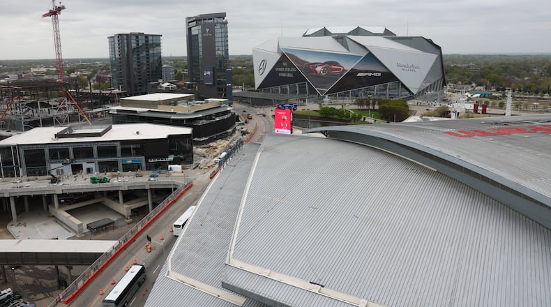 Mercedes-Benz Stadium is seen from The Center, formerly CNN Center, in Atlanta on March 30, 2026. (Arvin Temkar/AJC)