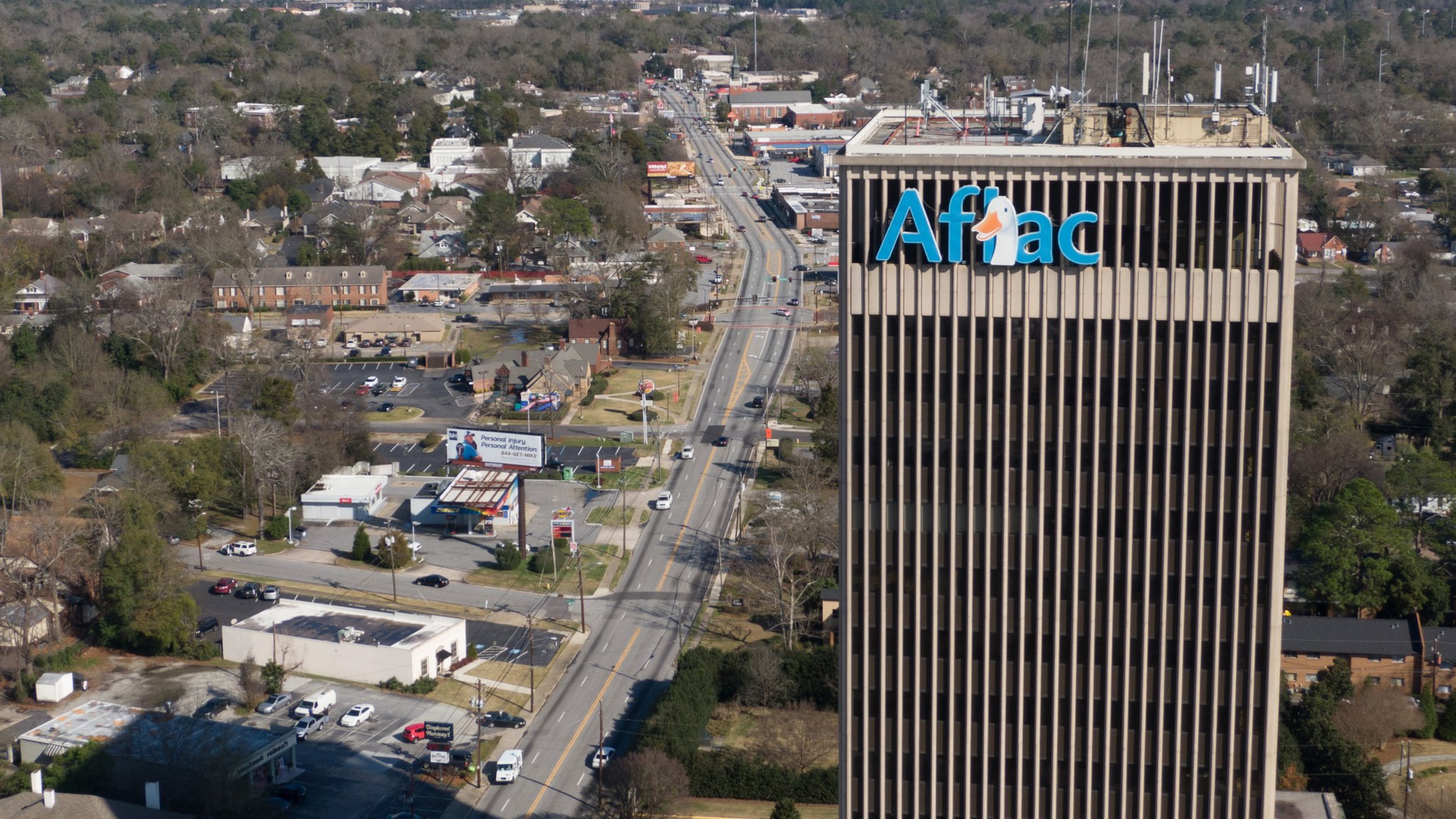 Aerial photo of Aflac Worldwide Headquarters in Columbus. The company has experienced a cybersecurity attack. (Hyosub Shin/AJC)