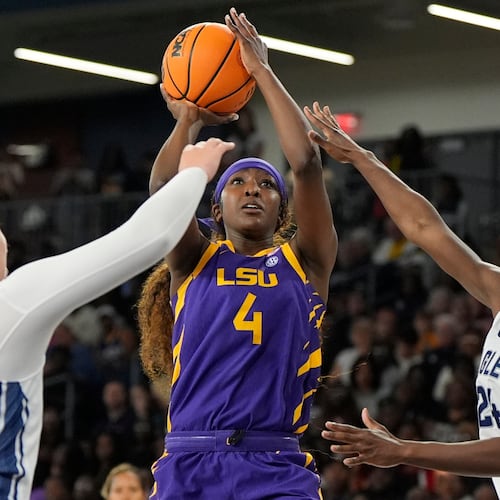 Louisiana State guard Flau'Jae Johnson (4) shoots against Georgia Southern during the first half of an NCAA women's basketball game, Sunday, Nov. 9, 2025, in Statesboro. (AP Photo/Mike Stewart)