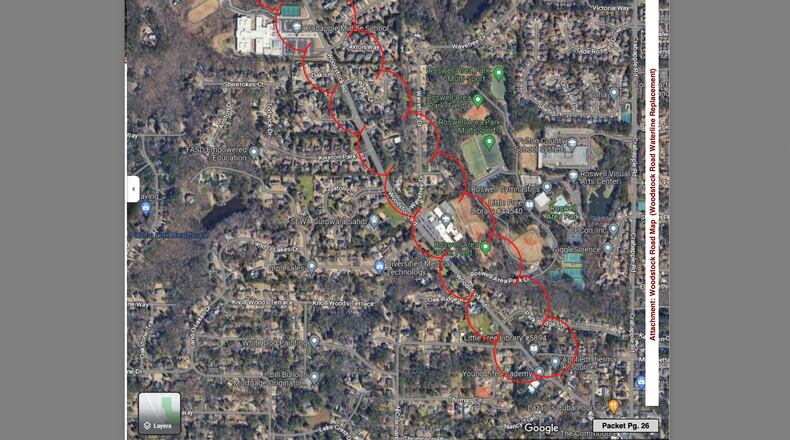 Roswell plans to replace the waterline along Woodstock Road, from Fowler Avenue to Allenbrook Lane. Courtesy City of Roswell