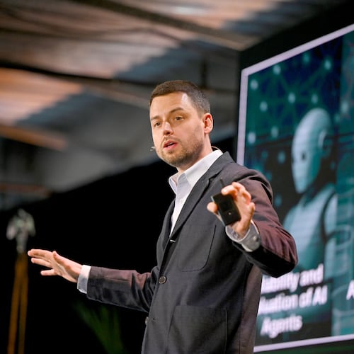 Carnegie Mellon University Head of Machine Learning, Zico Kolter delivers a keynote speech at AI Horizons Summit in Bakery Square on Thursday, Sept. 11, 2025 in Pittsburgh. (Sebastian Foltz/Pittsburgh Post-Gazette via AP)