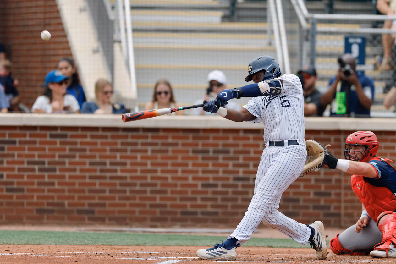 Georgia Tech's Vahn Lackey - pictured in a game against Illinois Chicago on May 29, 2026 - hit another tape-measure home run to lead the Yellow Jackets to the Atlanta Regional final. (Erik S. Lesser for the AJC)