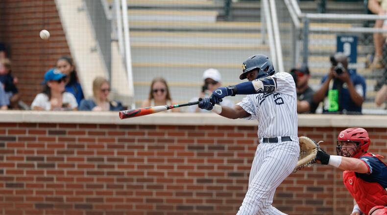 Georgia Tech's Vahn Lackey — pictured in a game against Illinois Chicago on Friday, May 29, 2026— hit another tape-measure home run to lead the Yellow Jackets past Oklahoma 9-3 on Saturday for a spot in the Atlanta Regional final. (Erik S. Lesser for the AJC)