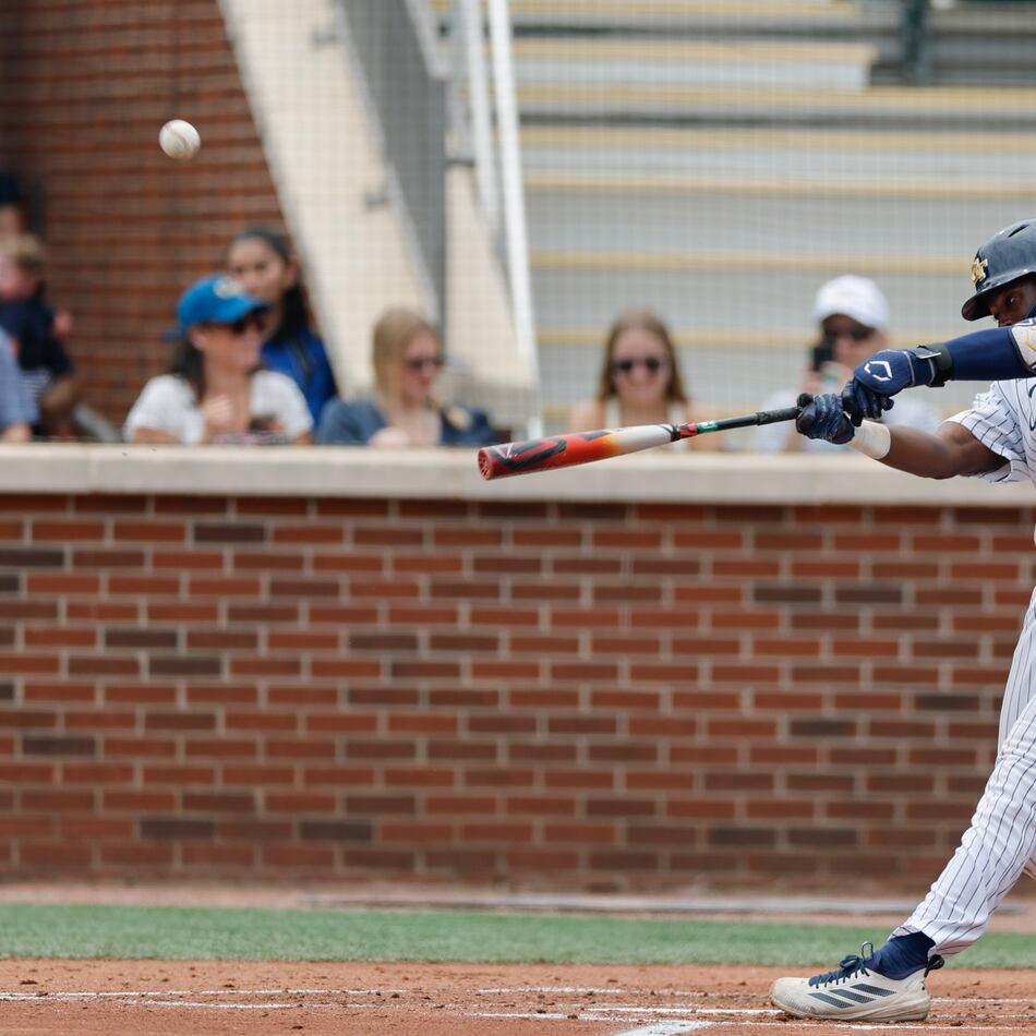 Georgia Tech's Vahn Lackey - pictured in a game against Illinois Chicago on May 29, 2026 - hit another tape-measure home run to lead the Yellow Jackets to the Atlanta Regional final. (Erik S. Lesser for the AJC)