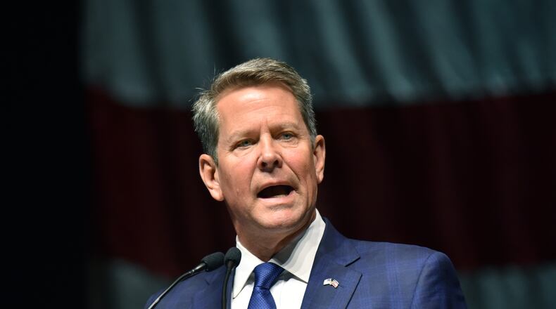 May 18, 2019 Savannah - Governor Brian Kemp speaks during 2019 GAGOP State Convention at Savannah International Trade and Convention Center in Savannah on Saturday, May 18, 2019. More than 1,000 conservative activists gathered Saturday to plot the Georgia GOP's strategy for next year's presidential election and select a new leader who will help steer the party's course. HYOSUB SHIN / HSHIN@AJC.COM