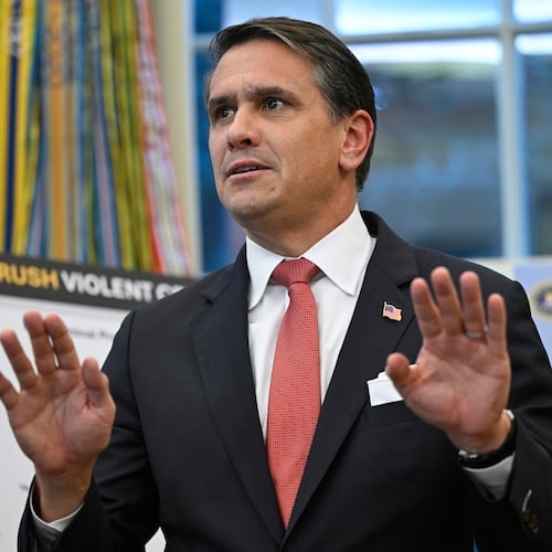 FILE - Deputy Attorney General Todd Blanche speaks during an event with President Donald Trump in the Oval Office at the White House, Oct. 15, 2025, in Washington. (AP Photo/John McDonnell, file)