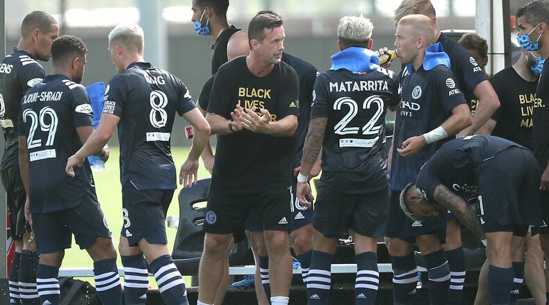 New York coach Ronny Deila (middle) coaches players during the New York City FC versus Philadelphia Union MLS game at Disney’s ESPN Wide World of Sports in Orlando on Thursday, July 9, 2020. The match is part of the MLS is Back tournament. (Stephen M. Dowell/Orlando Sentinel/TNS)