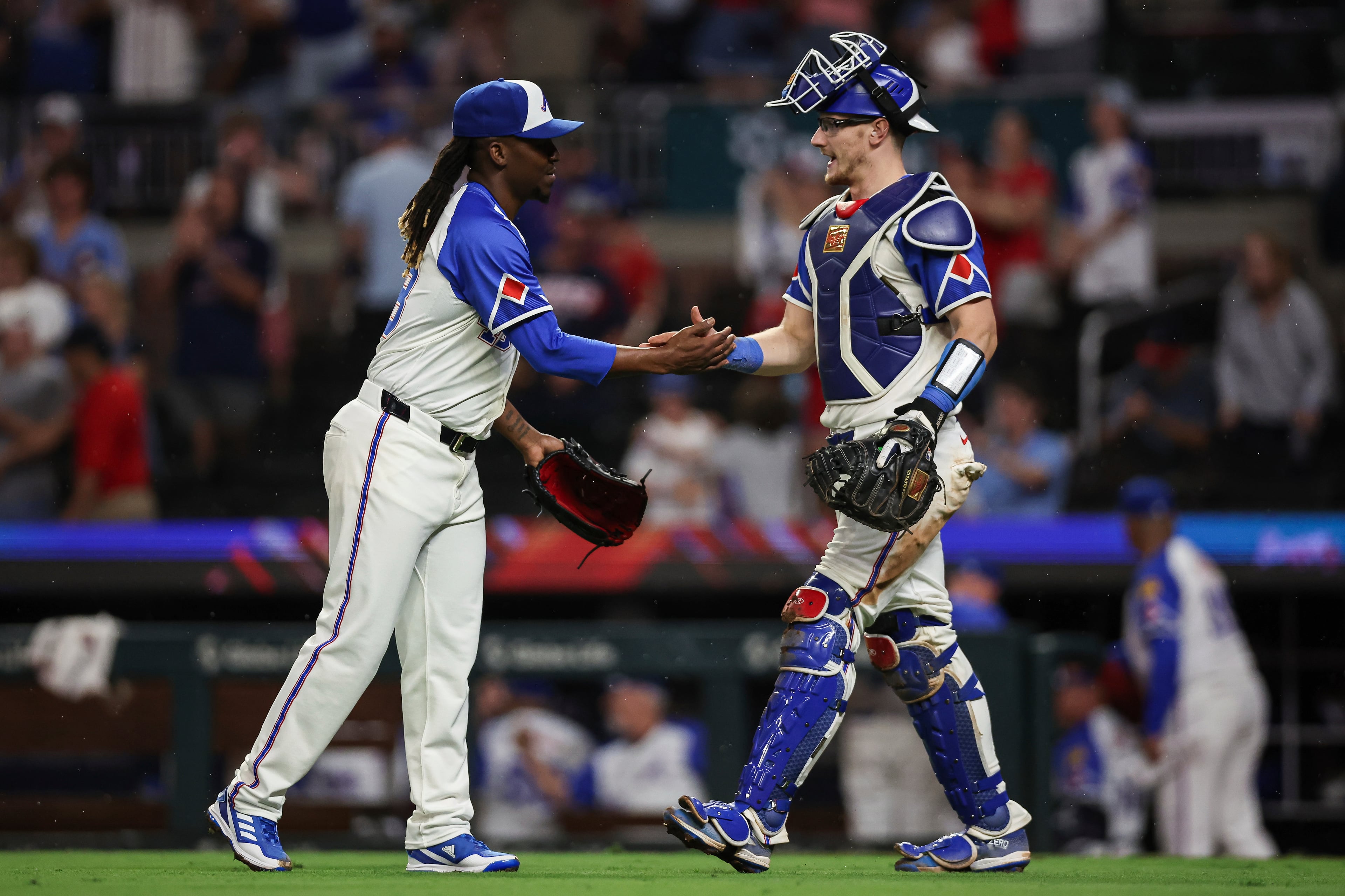 Atlanta Braves pitcher Rafael Montero, left, celebrates with catcher Sean Murphy, right, after a baseball game against the Philadelphia Phillies, Saturday, June 28, 2025, in Atlanta. (AP Photo/Colin Hubbard)