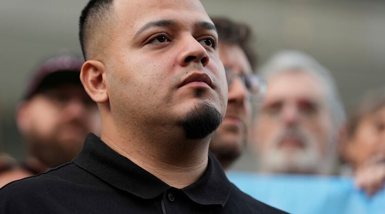 FILE - Kilmar Abrego Garcia attends a protest rally at the Immigration and Customs Enforcement field office in Baltimore, Monday, Aug. 25, 2025, to support Abrego Garcia. (AP Photo/Stephanie Scarbrough, File)
