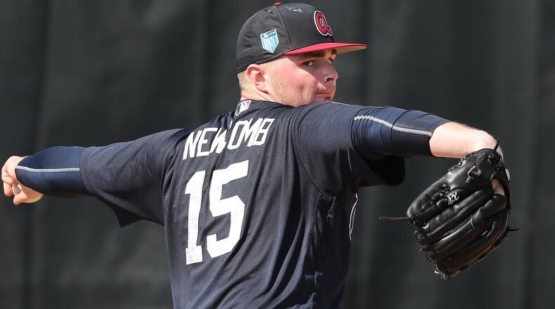 Braves pitcher Sean Newcomb delivers a pitch working with the catchers on Friday, Feb 16, 2018, at the ESPN Wide World of Sports Complex in Lake Buena Vista, Fla.  Curtis Compton/ccompton@ajc.com