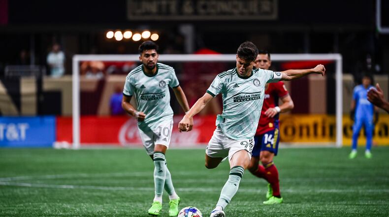 Atlanta United midfielder Matheus Rossetto #9 kicks the ball during the match against Real Salt Lake at Mercedes-Benz Stadium in Atlanta, United States on Wednesday July 13, 2022. (Photo by Brandon Magnus/Atlanta United)