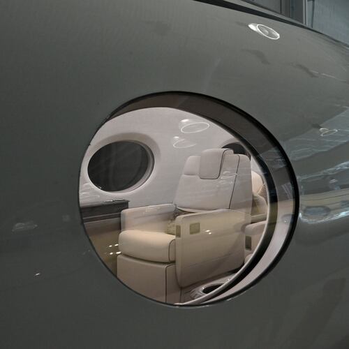 A peek through the window of a Gulfstream G300 aircraft at Gulfstream Aerospace Corporation’s showroom in Savannah on Friday, Dec. 19, 2025. (Hyosub Shin/AJC)
