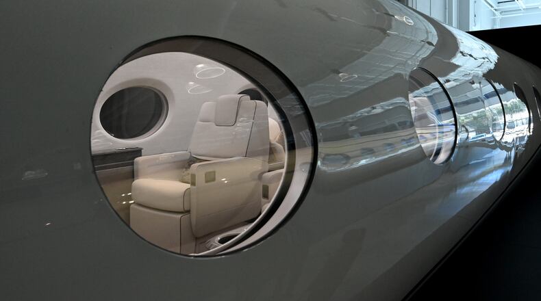A peek through the window of a Gulfstream G300 aircraft at Gulfstream Aerospace Corporation’s showroom in Savannah on Friday, Dec. 19, 2025. (Hyosub Shin/AJC)