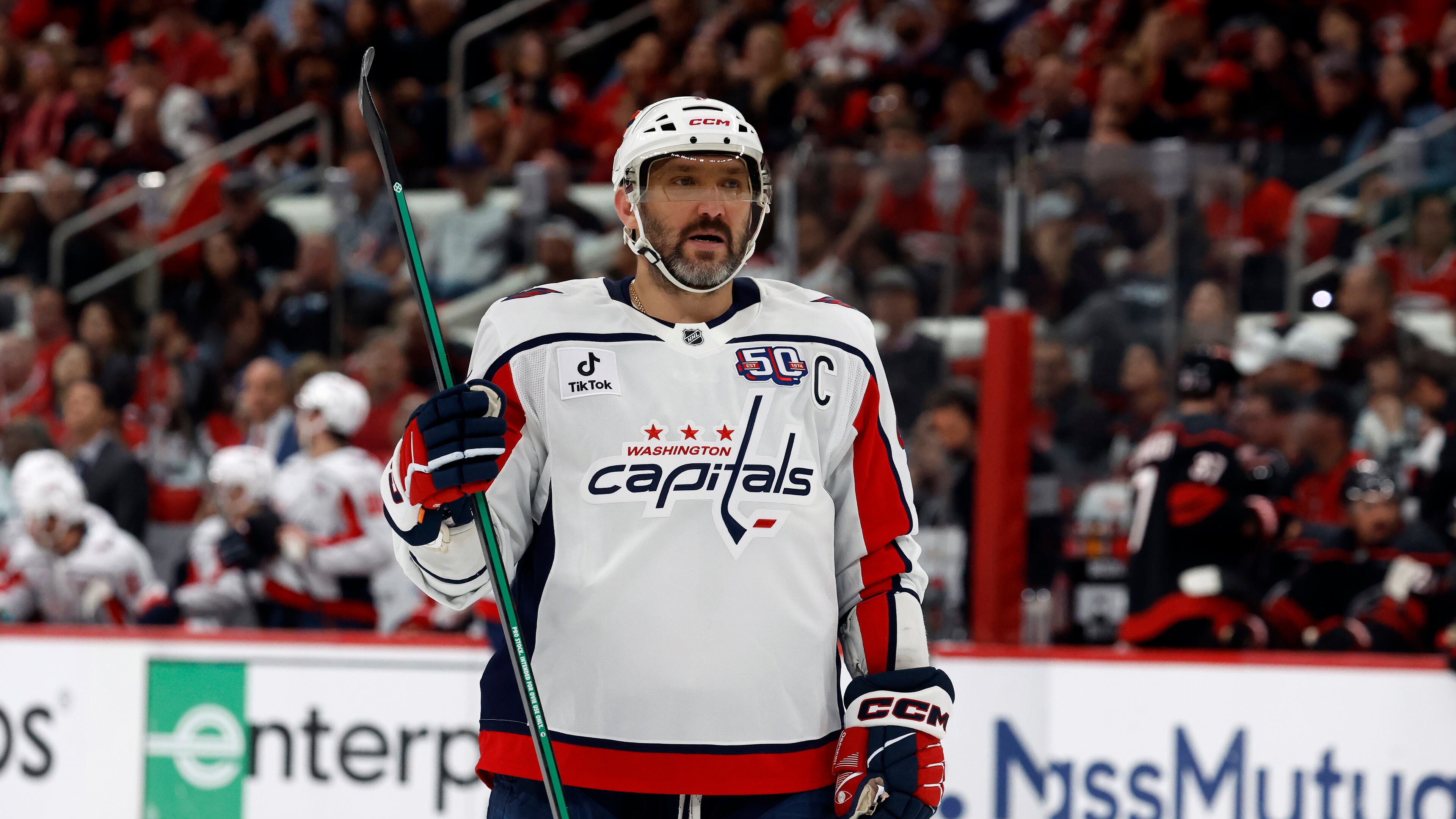FILE - Washington Capitals' Alex Ovechkin (8) watches the puck against the Carolina Hurricanes during the first period of Game 3 of an NHL hockey Semi-final round playoff series in Raleigh, N.C., May 10, 2025. (AP Photo/Karl DeBlaker, File)
