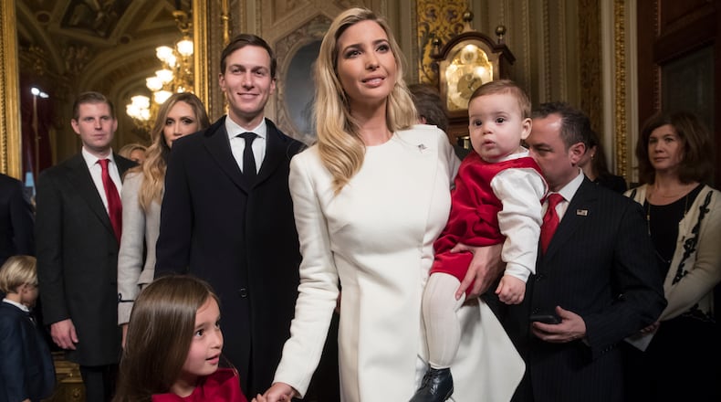 WASHINGTON, DC - JANUARY 20: Ivanka Trump, with her husband Jared Kushner and their children, depart after her father President Donald Trump formally signed his cabinet nominations into law, in the President's Room of the Senate, at the Capitol in Washington, January 20, 2017. (Photo by J. Scott Applewhite - Pool/Getty Images)