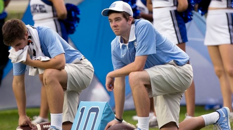 Brandon Hill, left, and Joe Sojka manage the Tar Heels' game balls along the Duke sideline on Saturday, Nov. 7, 2015 at Kenan Stadium in Chapel Hill, N.C. (Robert Willett/Raleigh News & Observer/TNS)