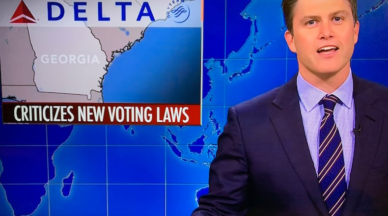 Colin Jost makes a joke about Delta Air Lines on "Weekend Update" on April 4, 2021. NBC