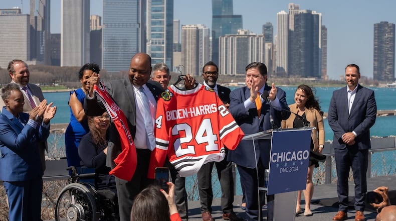 Democratic National Committee Chair Jaime Harrison celebrates Chicago’s winning bid for the party's 2024 convention. Special.