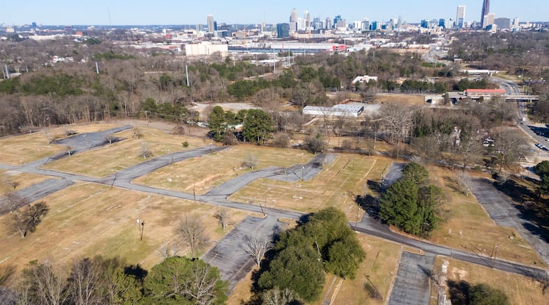 February 23, 2021 Atlanta - Aerial photography shows Atlanta's Westside area that surrounds the stalled Quarry Yards development where Microsoft planned to build two regional data centers on the 90 acres of land it purchased. Those plans are now on a back burner, the tech giant confirmed Friday, February 3. The project had the promise of thousands of jobs and the gentrification of the area's mostly African American neighborhoods. (Hyosub Shin / Hyosub.Shin@ajc.com)