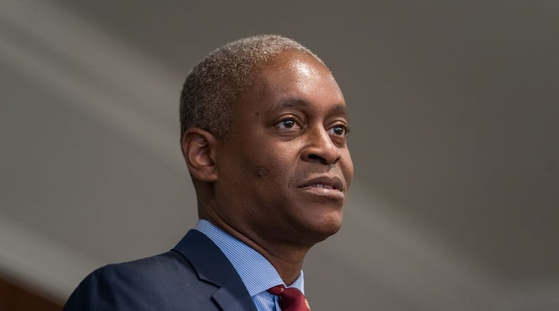 Raphael Bostic, president and chief executive officer of the Federal Reserve Bank of Atlanta, speaks to members of the Harvard Business School Club of Atlanta in Atlanta on Feb. 19, 2020. (Photo by Elijah Nouvelage / Bloomberg)