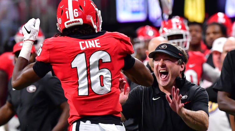 Georgia coach Kirby Smart reacts after defensive back Lewis Cine made a big play. Hyosub Shin / hyosub.shin@ajc.com