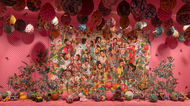 Ebony G. Patterson's installation " . . . .they were just hanging out . . . you know . . . talking about . . . (. . . when they grow up . . .)," ( 2016), beads, appliqués, fabric, glitter, buttons, costume jewelry, trimming, rhinestones, glue, and digital prints
Courtesy of High Museum of Art / Adam Reich