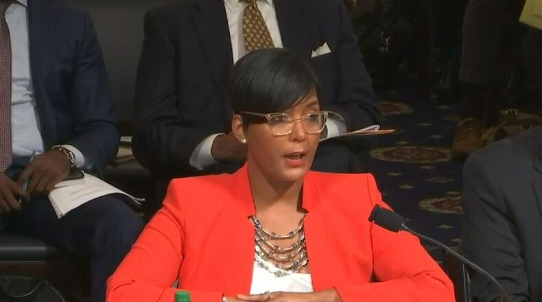 A screenshot of Atlanta Mayor Keisha Lance Bottoms testifying before the House Subcommittee on Cybersecurity, Infrastructure Protection and Innovation on Capitol Hill on June 25, 2019.